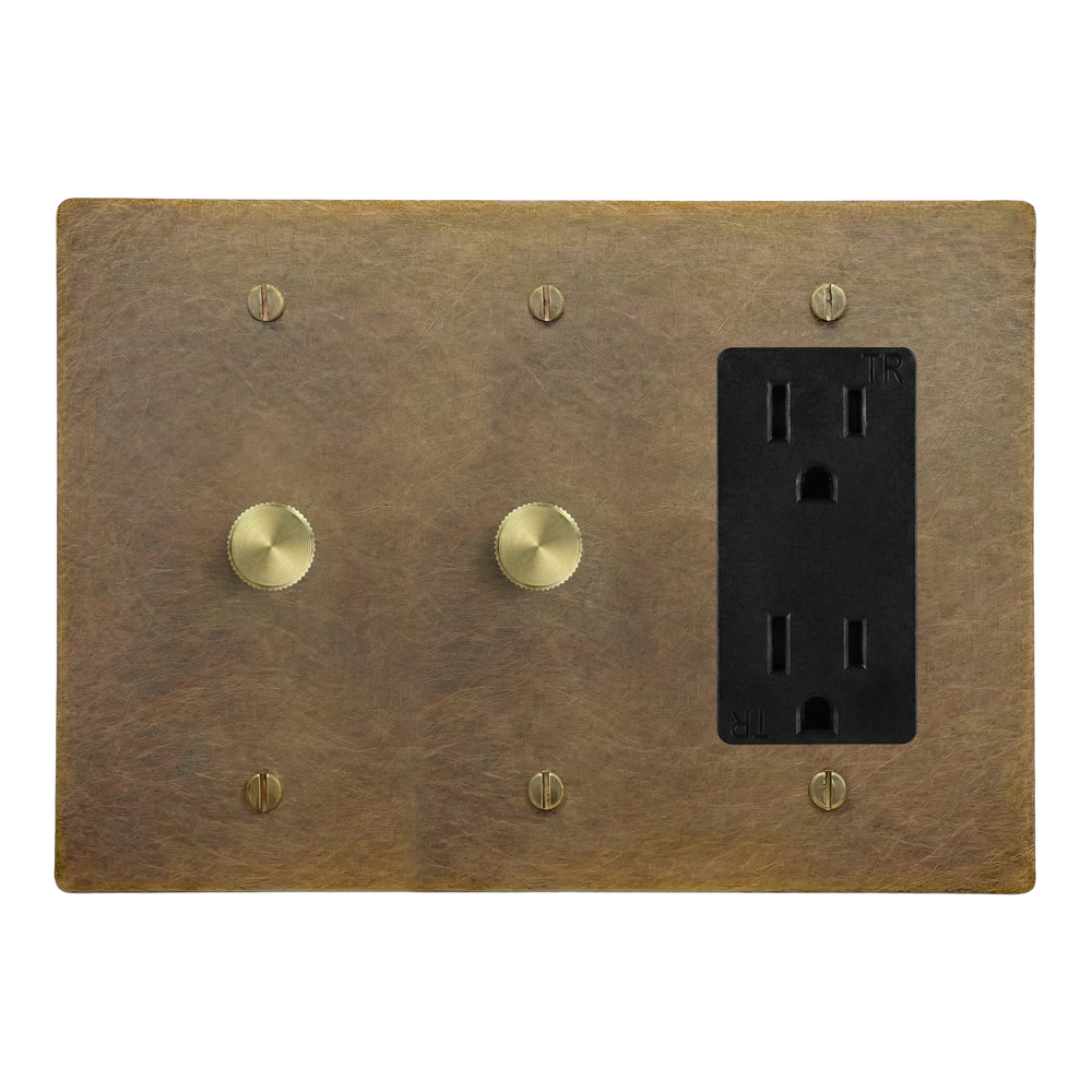 Aged Brass 3-Gang Dimmer, Dimmer & Duplex Outlet Switch Plate in Black