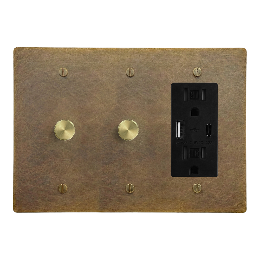 Aged Brass 3-Gang Dimmer, Dimmer & USB Outlet Switch Plate in Black