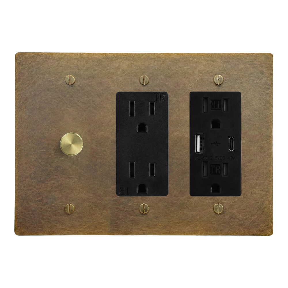 Aged Brass 3-Gang Dimmer, Duplex Outlet & USB Outlet Switch Plate in Black