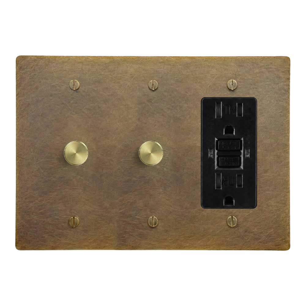 Aged Brass 3-Gang Dimmer, Dimmer & GFCI Outlet Switch Plate in Black