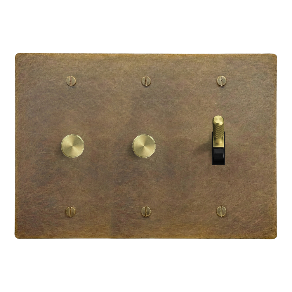 Aged Brass 3-Gang Dimmer, Dimmer & Toggle Switch Plate in Black