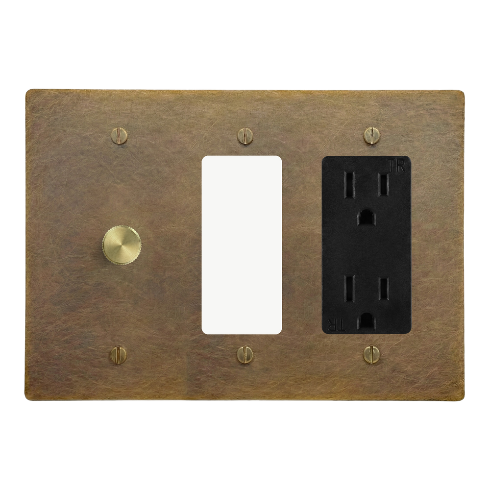 Aged Brass 3-Gang Dimmer, Decora & Duplex Outlet Switch Plate in Black