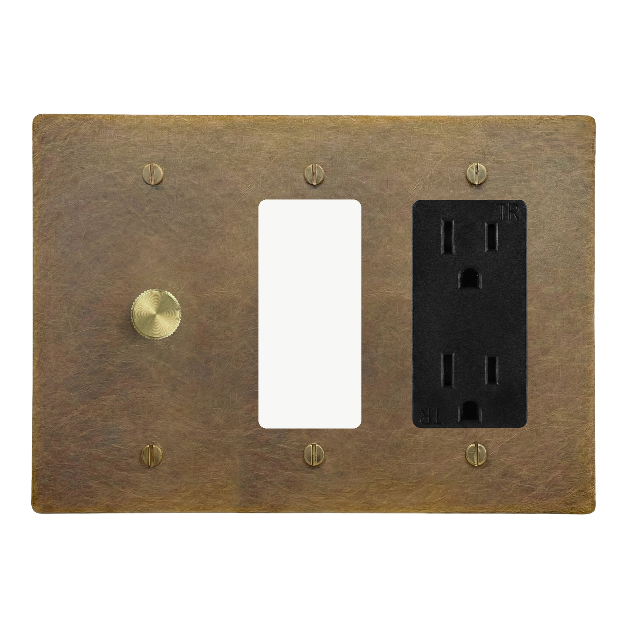 Aged Brass 3-Gang Dimmer, Decora & Duplex Outlet Switch Plate in Black