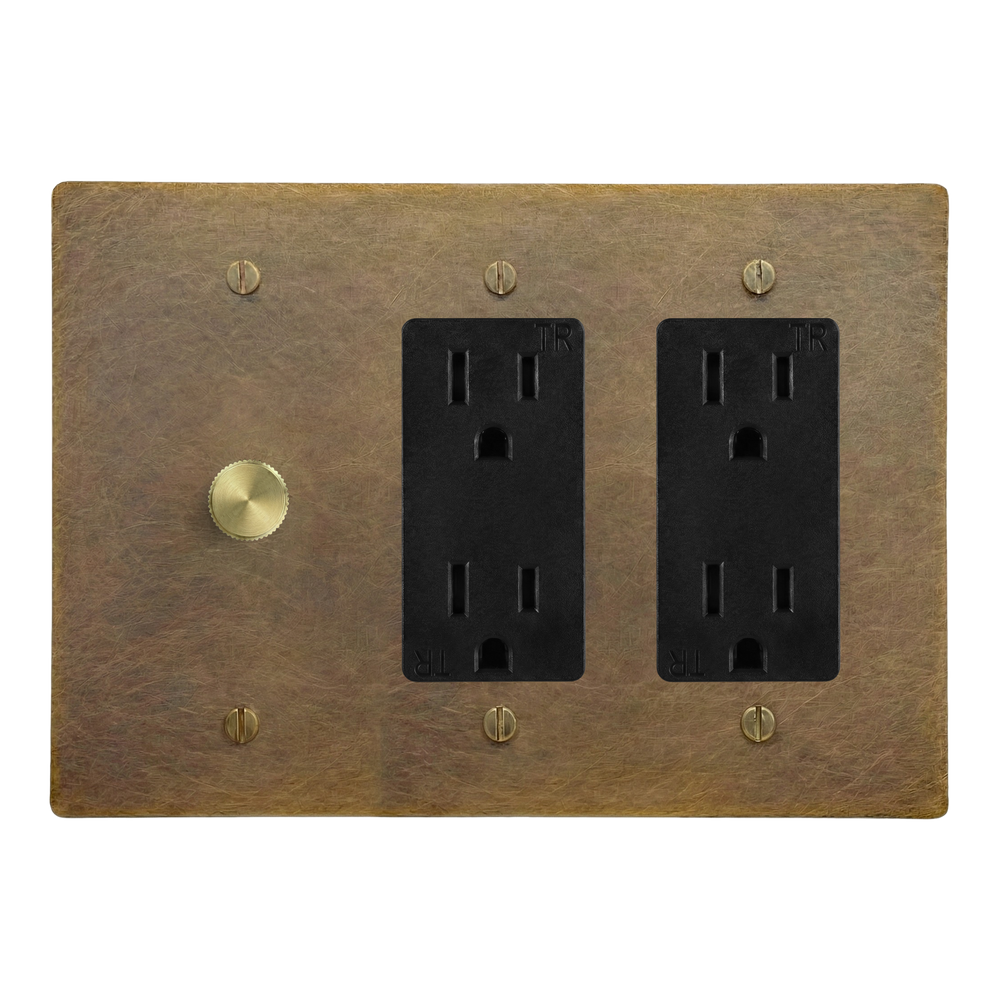 Aged Brass 3-Gang Dimmer, Duplex Outlet & Duplex Outlet Switch Plate in Black