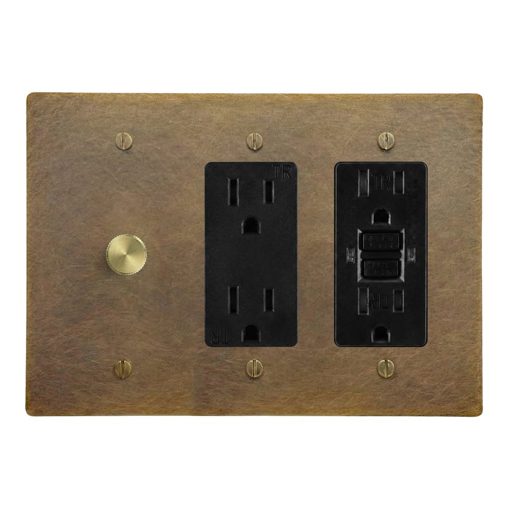 Aged Brass 3-Gang Dimmer, Duplex Outlet & GFCI Outlet Switch Plate in Black