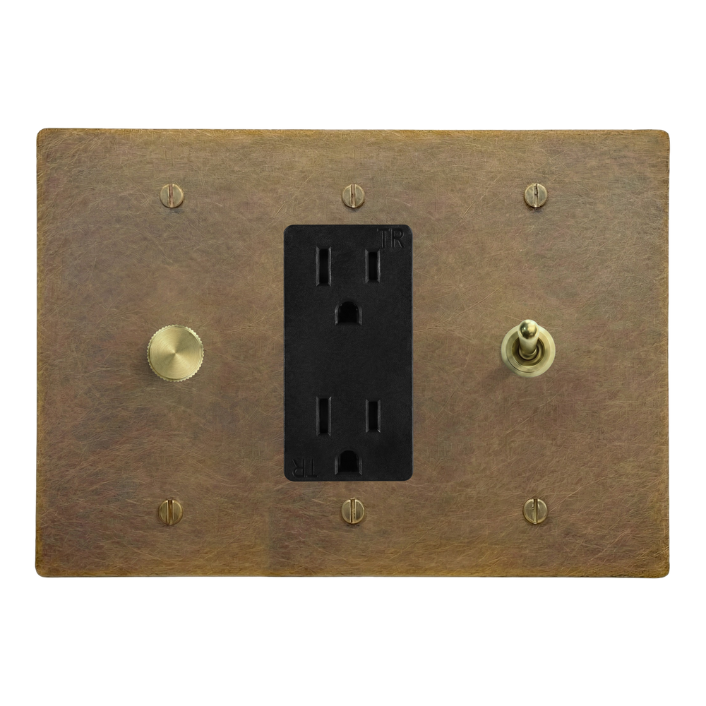 Aged Brass 3-Gang Dimmer, Duplex Outlet & Vintage Toggle Switch Plate in Black
