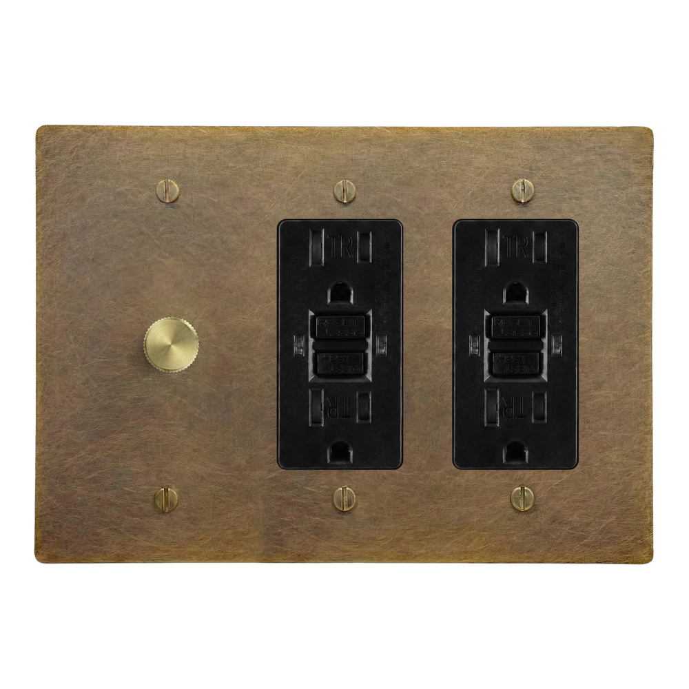 Aged Brass 3-Gang Dimmer, GFCI Outlet & GFCI Outlet Switch Plate in Black