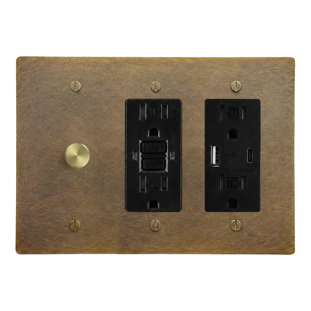 Aged Brass 3-Gang Dimmer, GFCI Outlet & USB Outlet Switch Plate in Black