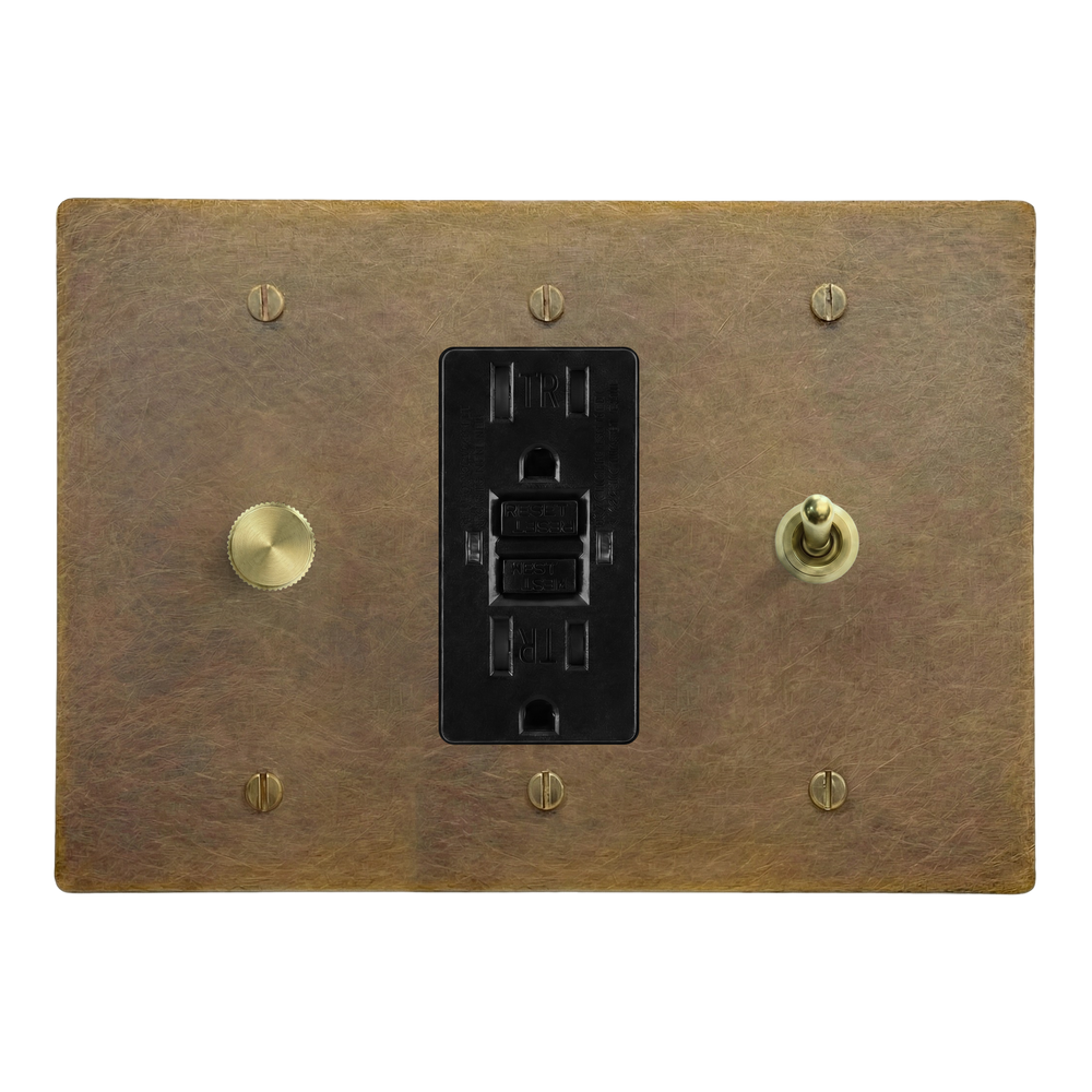 Aged Brass 3-Gang Dimmer, GFCI Outlet & Vintage Toggle Switch Plate in Black