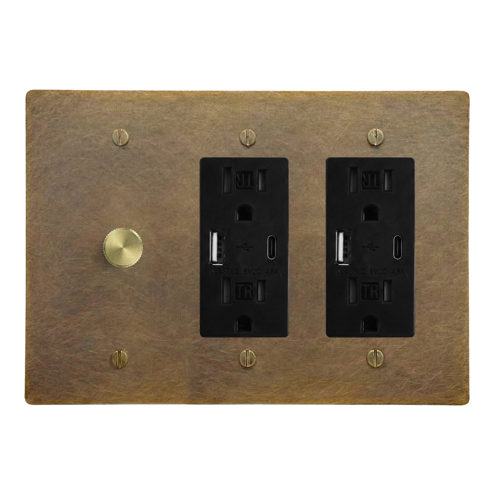 Aged Brass 3-Gang Dimmer, USB Outlet & USB Outlet Switch Plate in Black