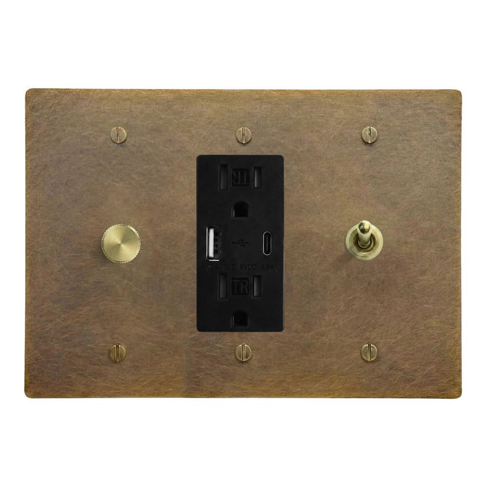 Aged Brass 3-Gang Dimmer, USB Outlet & Vintage Toggle Switch Plate in Black