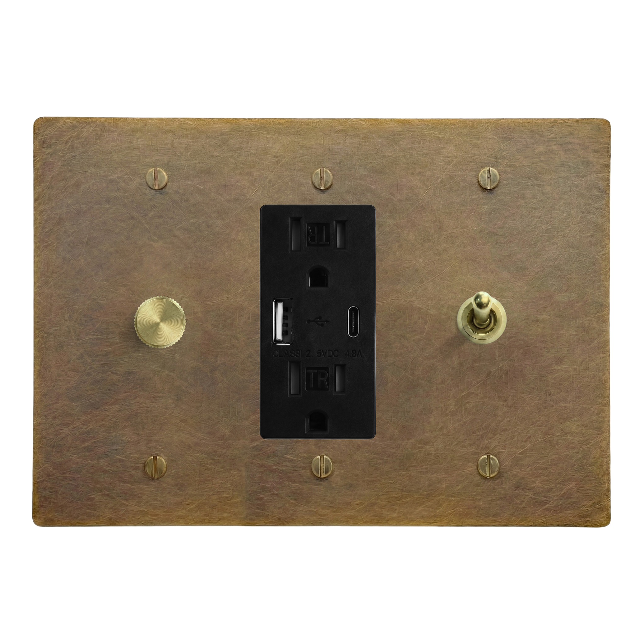 Aged Brass 3-Gang Dimmer, USB Outlet & Vintage Toggle Switch Plate in Black