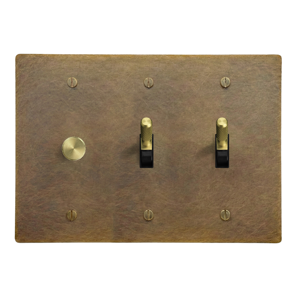 Aged Brass 3-Gang Dimmer, Toggle & Toggle Switch Plate in Black