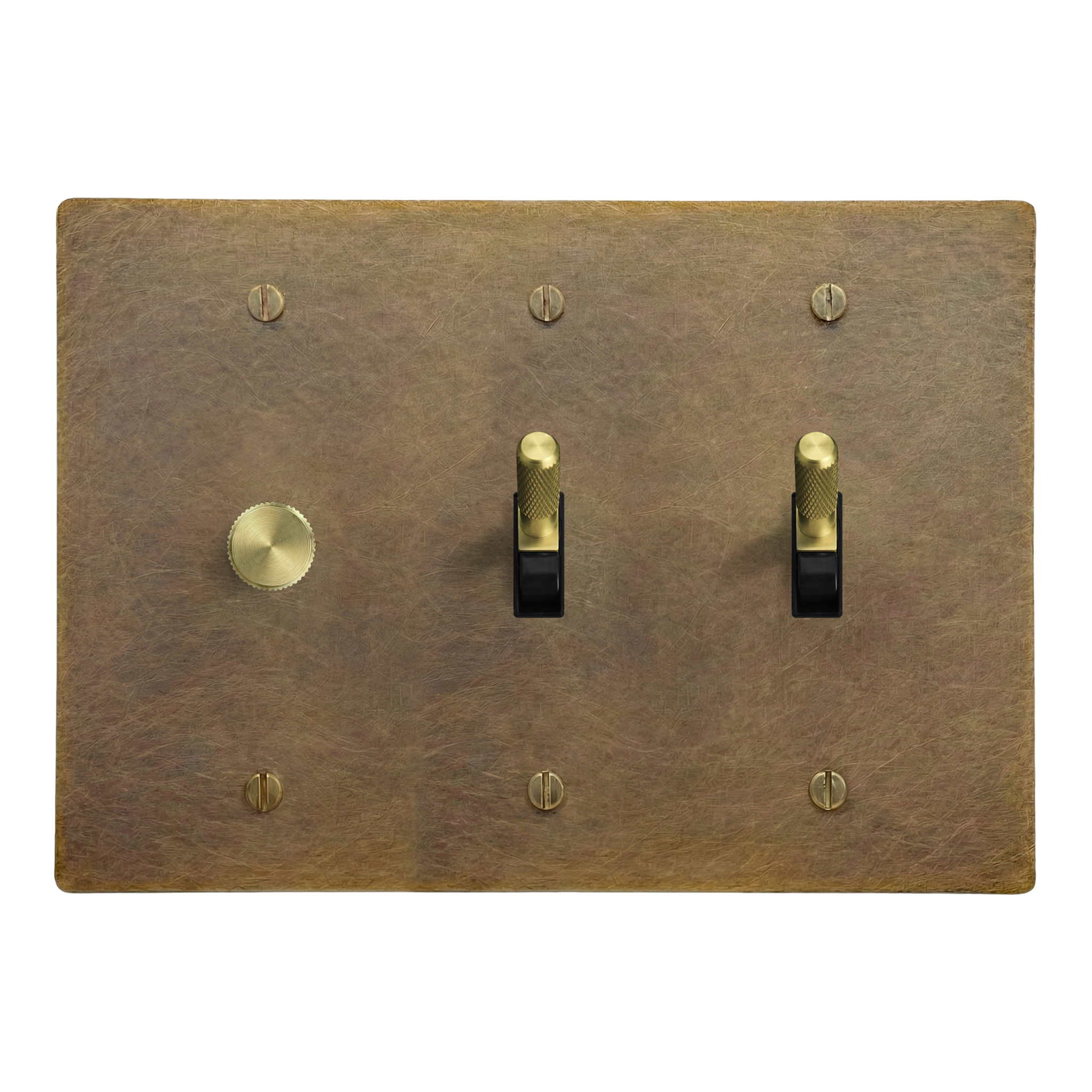 Aged Brass 3-Gang Dimmer, Toggle & Toggle Switch Plate in Black