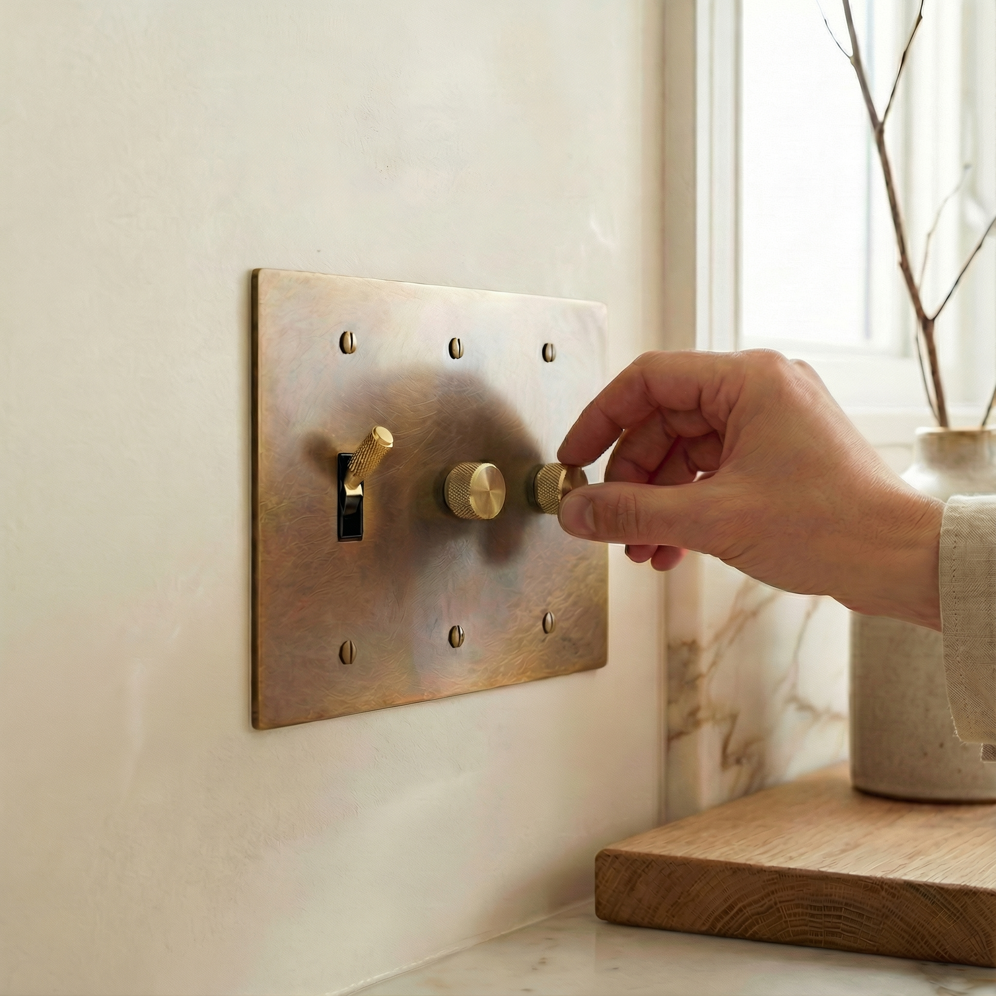 A hand adjusts an aged brass 3 gang dimmer and toggle switch plate, creating a tactile moment of quiet luxury.