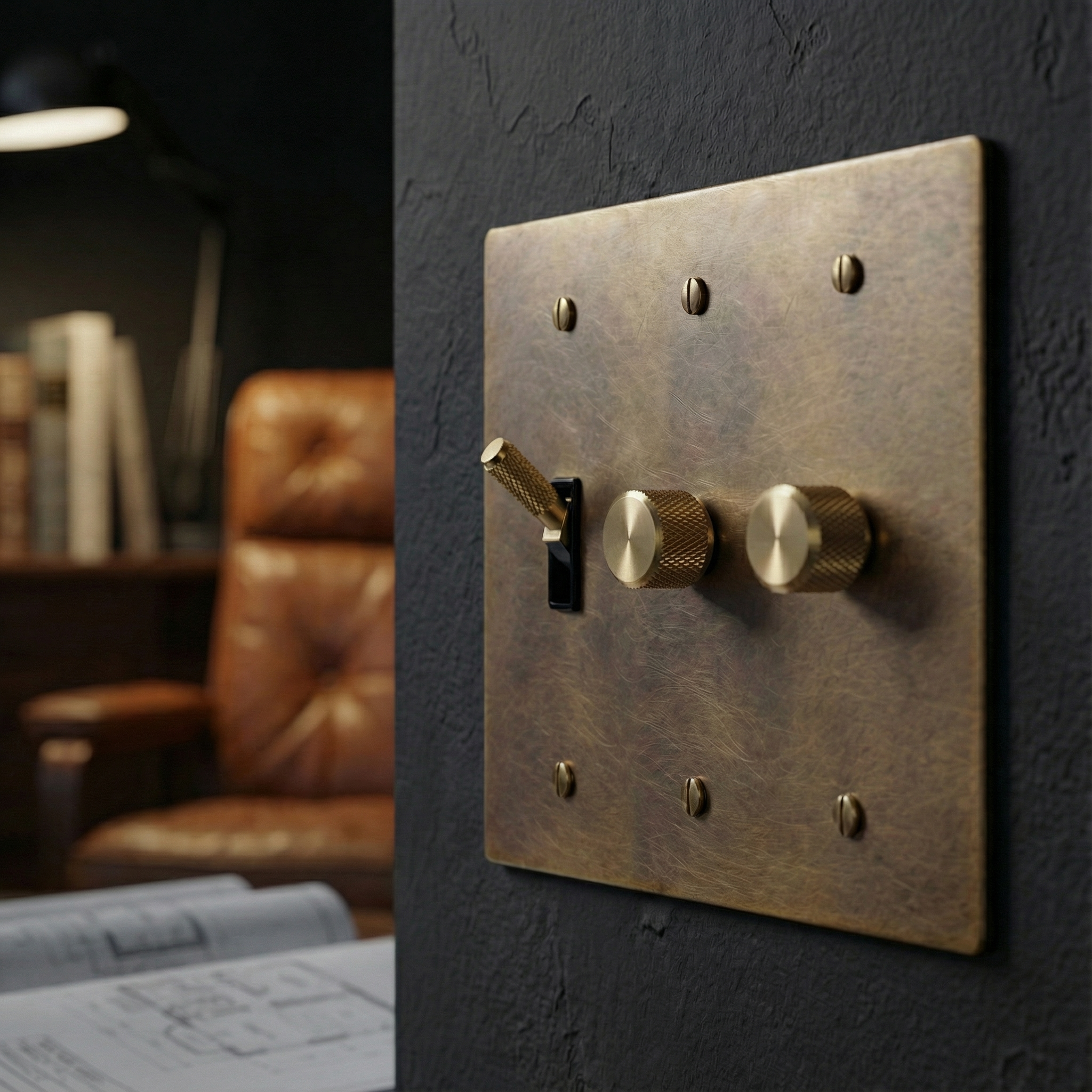 Timeless aged brass 3 gang dimmer and toggle switch plate on a textured wall in a luxurious study.