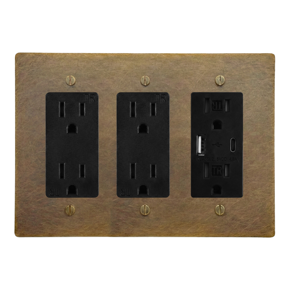 Aged Brass 3-Gang Duplex Outlet, Duplex Outlet & USB Outlet Switch Plate in Black