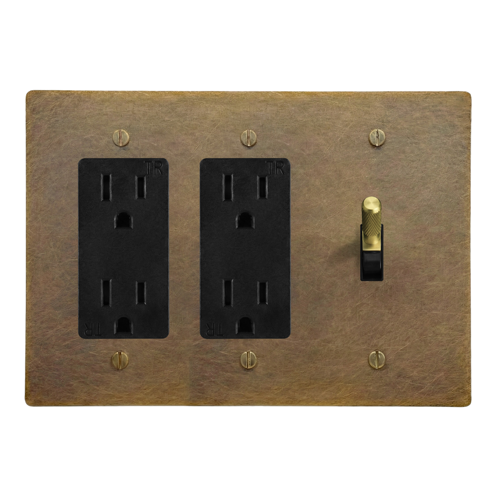 Aged Brass 3-Gang Duplex Outlet, Duplex Outlet & Toggle Switch Plate in Black