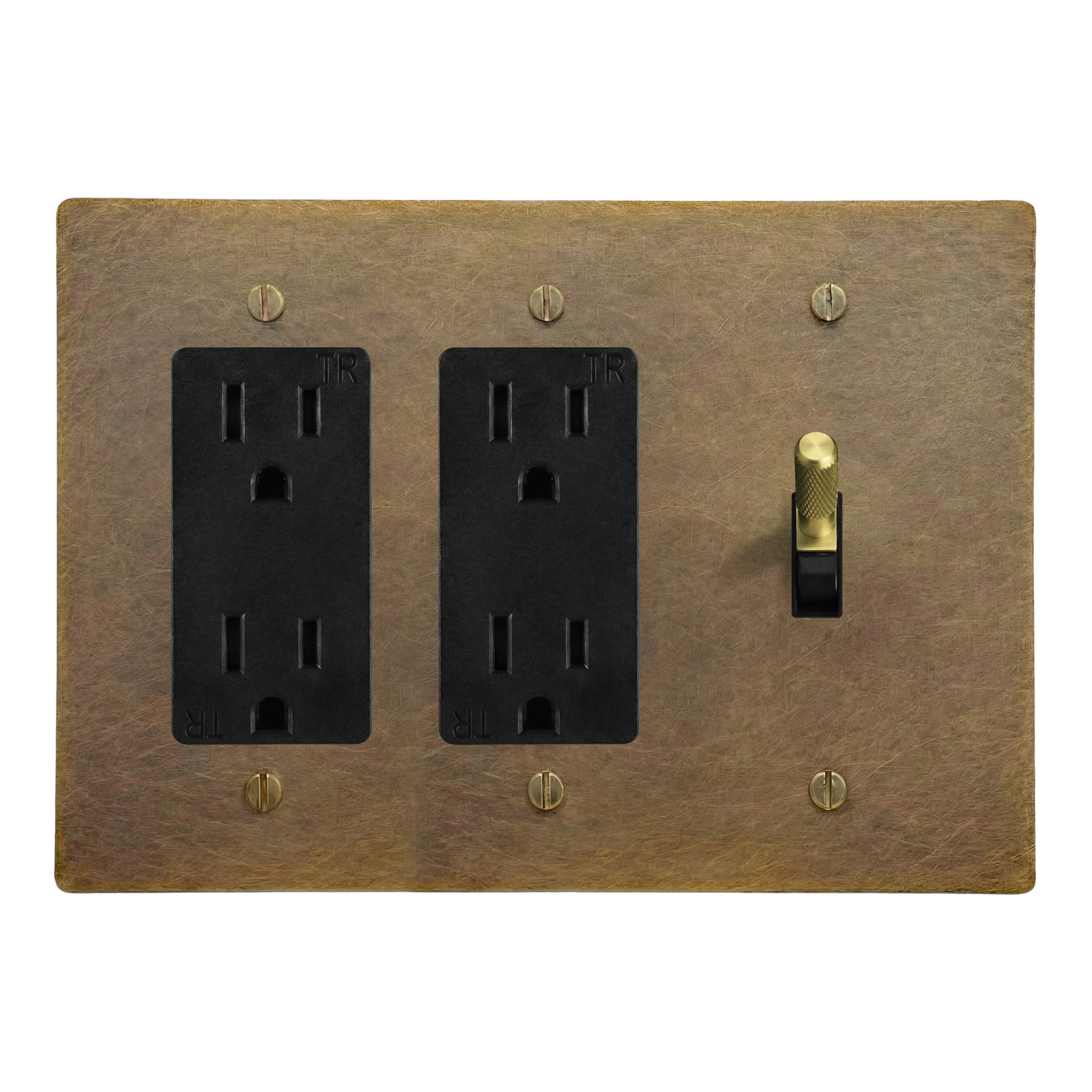 Aged Brass 3-Gang Duplex Outlet, Duplex Outlet & Toggle Switch Plate in Black