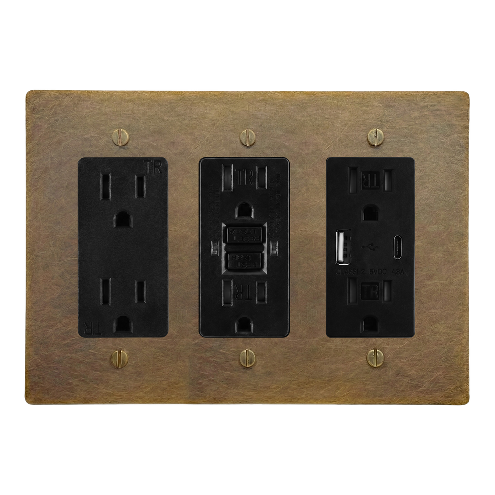 Aged Brass 3-Gang Duplex Outlet, GFCI Outlet & USB Outlet Switch Plate in Black