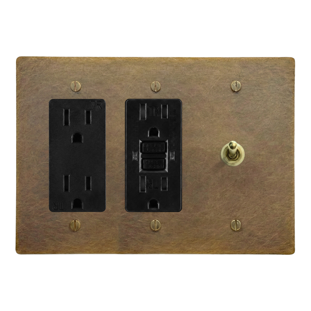 Aged Brass 3-Gang Duplex Outlet, GFCI Outlet & Vintage Toggle Switch Plate in Black