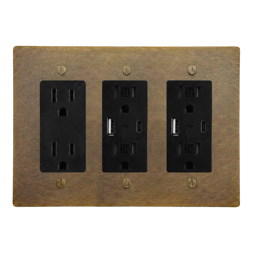 Aged Brass 3-Gang Duplex Outlet, USB Outlet & USB Outlet Switch Plate in Black