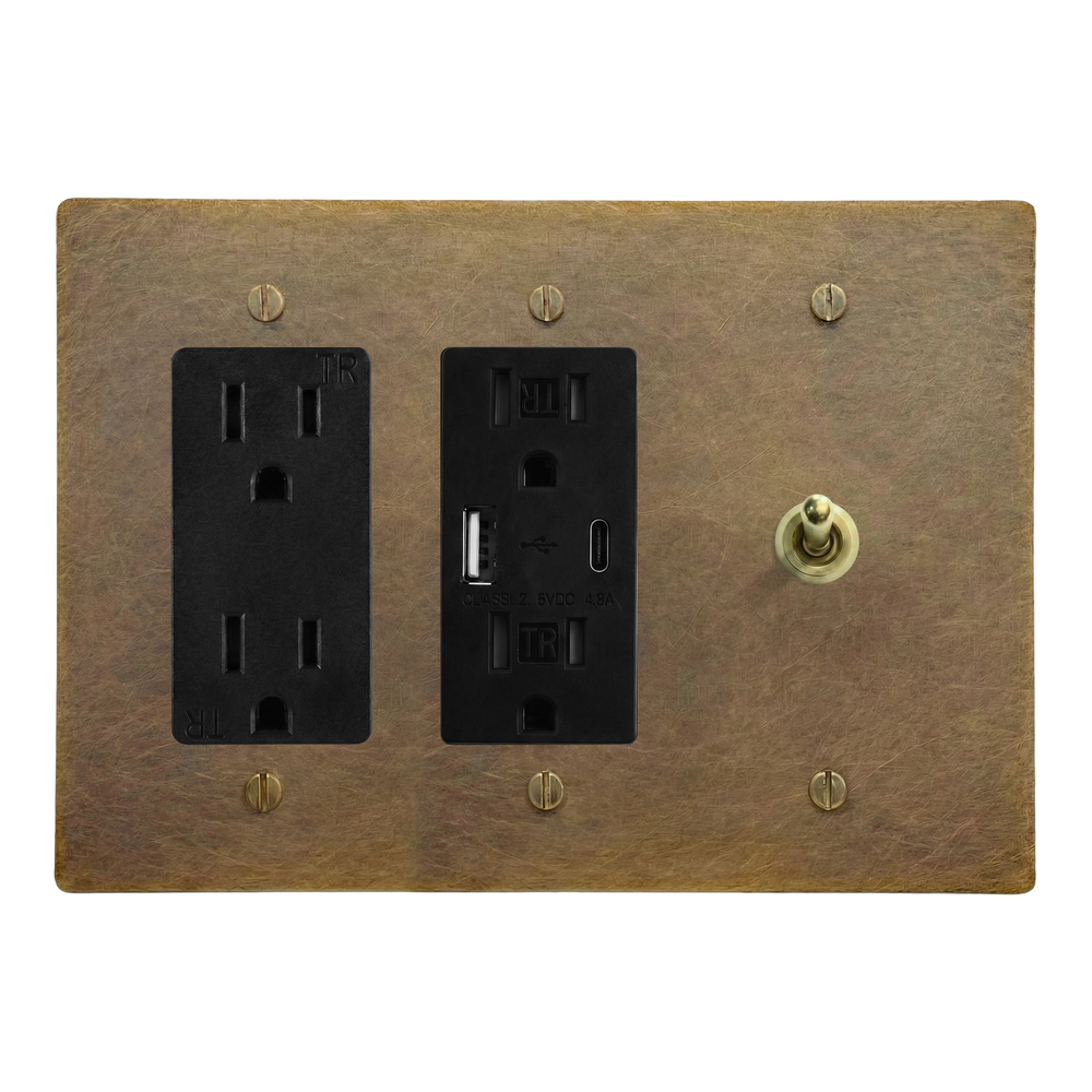 Aged Brass 3-Gang Duplex Outlet, USB Outlet & Vintage Toggle Switch Plate in Black