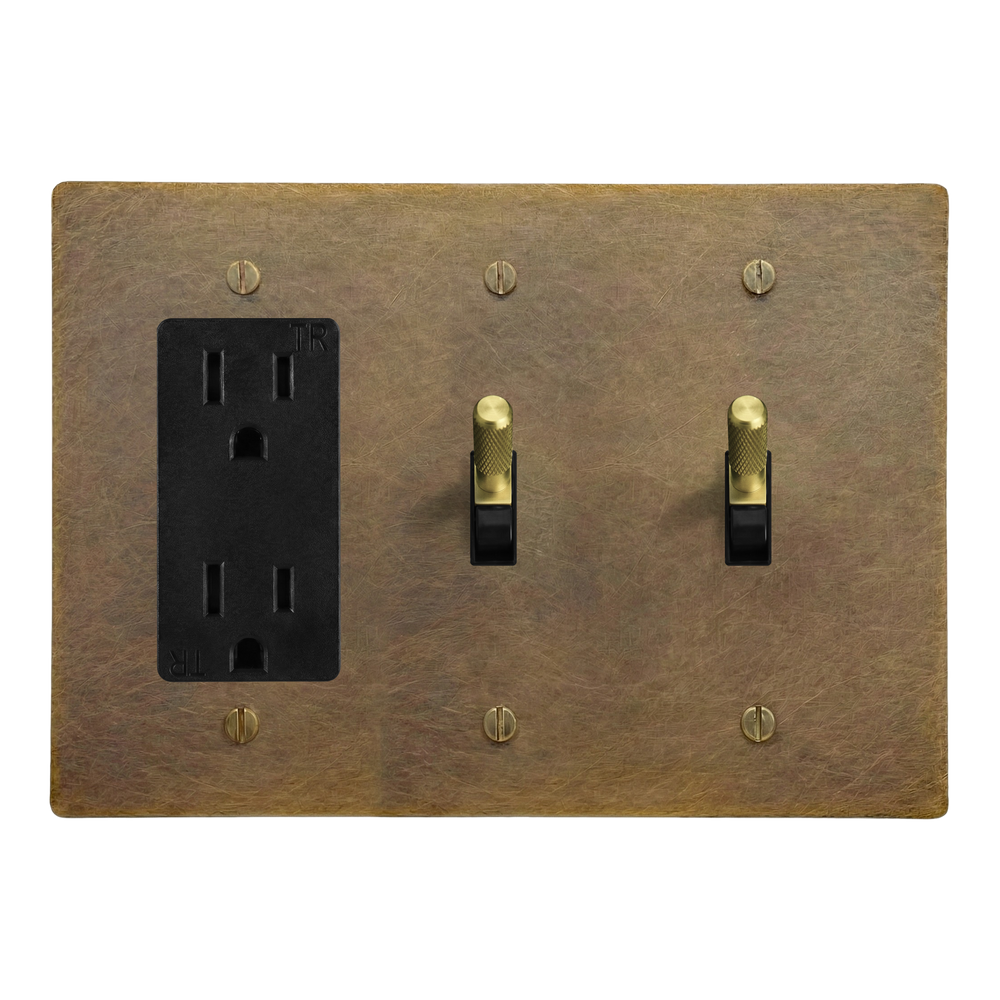 Aged Brass 3-Gang Duplex Outlet, Toggle & Toggle Switch Plate in Black