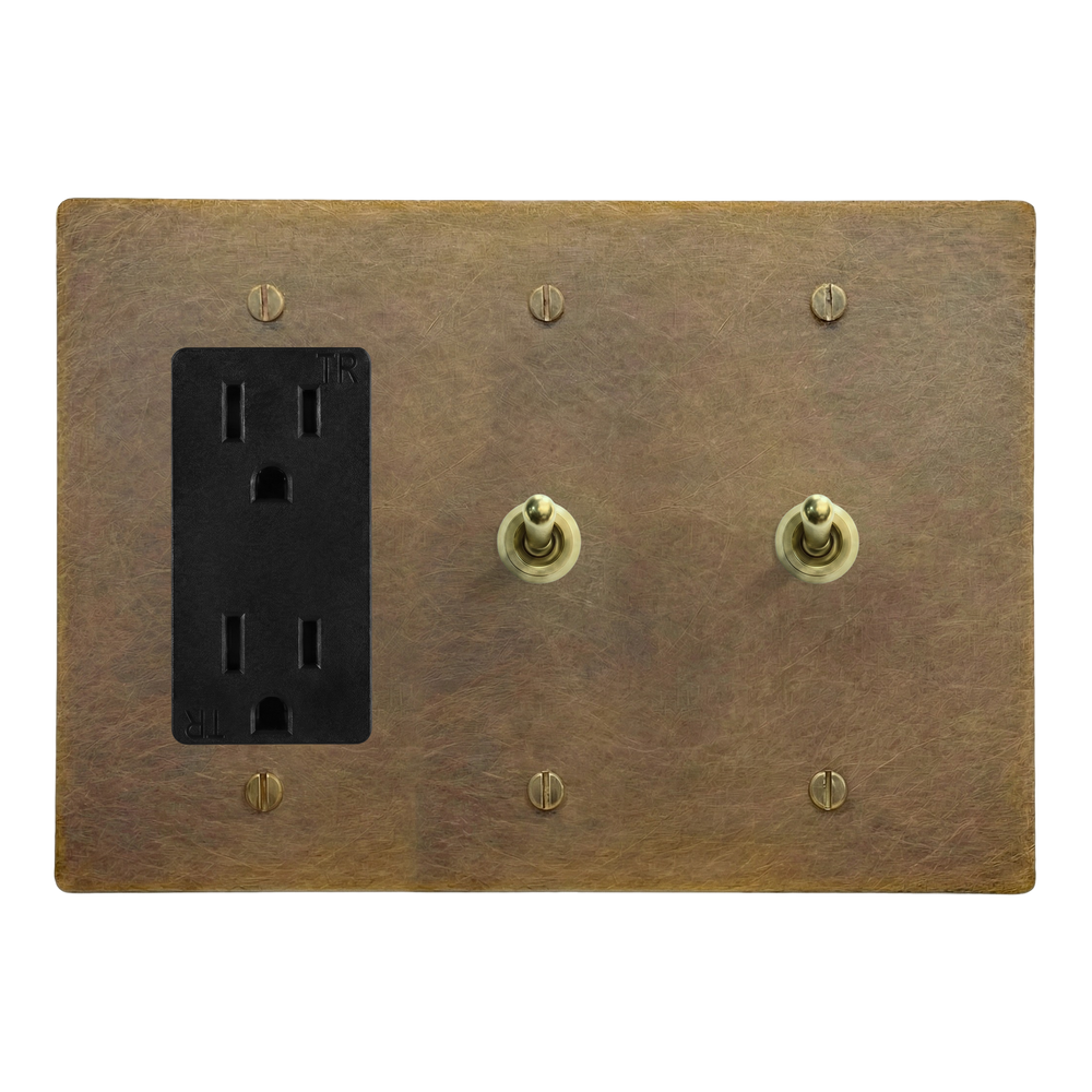 Aged Brass 3-Gang Duplex Outlet, Vintage Toggle & Vintage Toggle Switch Plate in Black