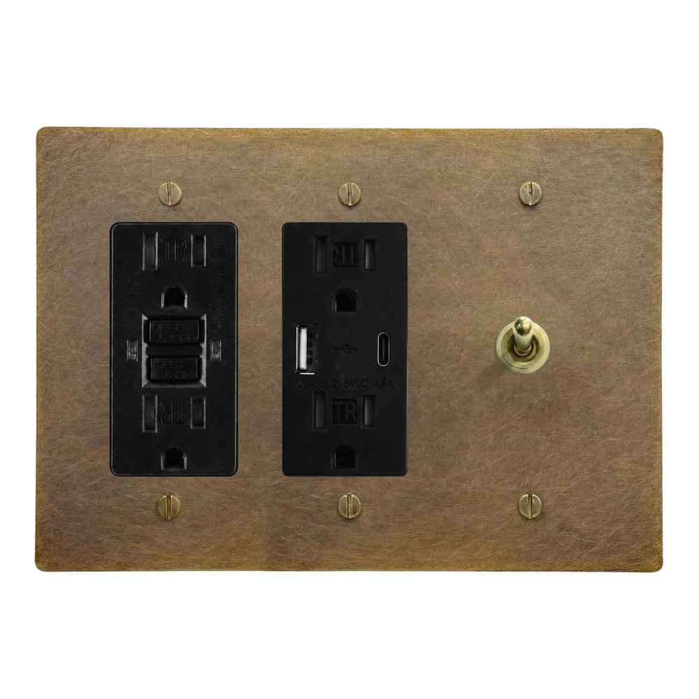 Aged Brass 3-Gang GFCI Outlet, USB Outlet & Vintage Toggle Switch Plate in Black