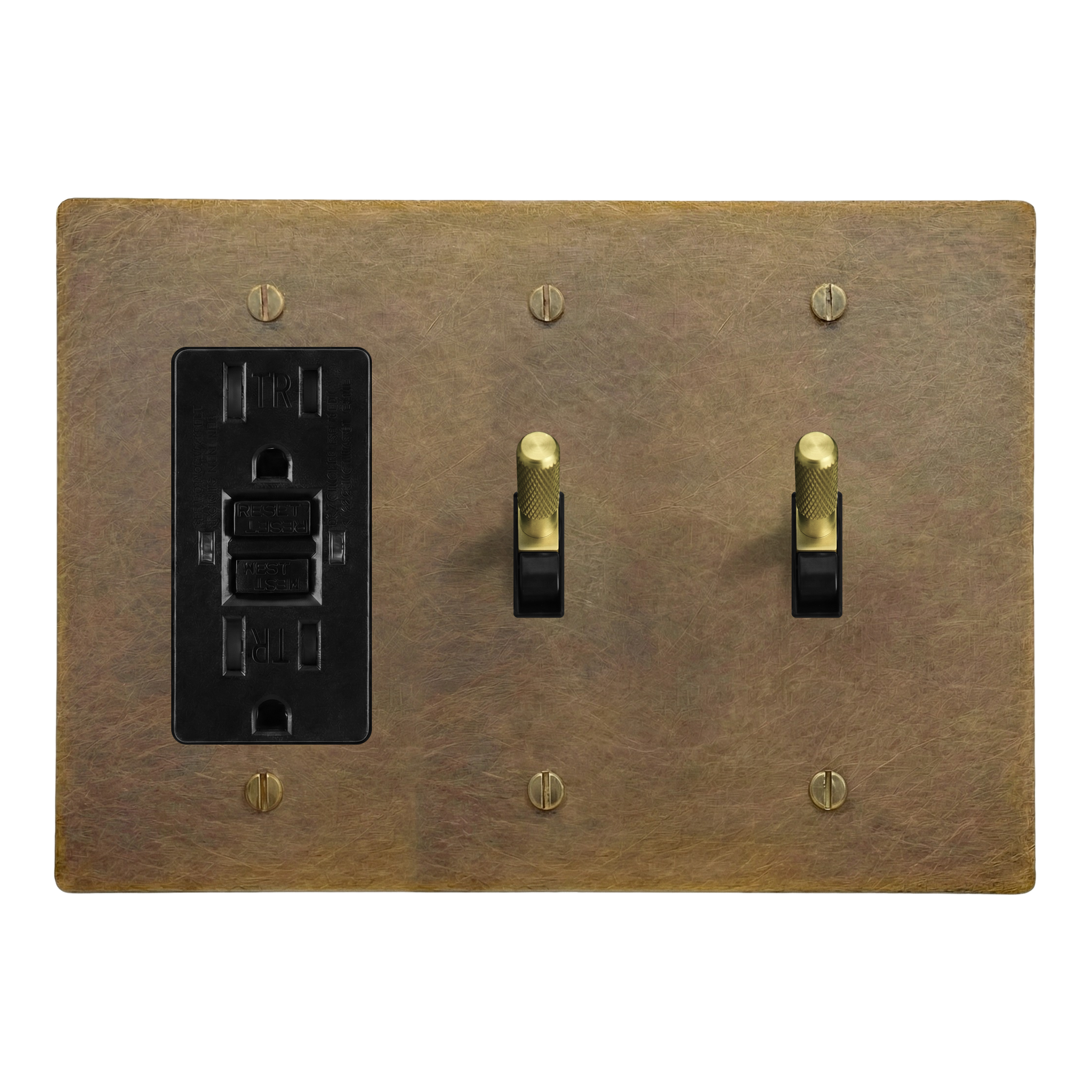 Aged Brass 3-Gang GFCI Outlet, Toggle & Toggle Switch Plate in Black