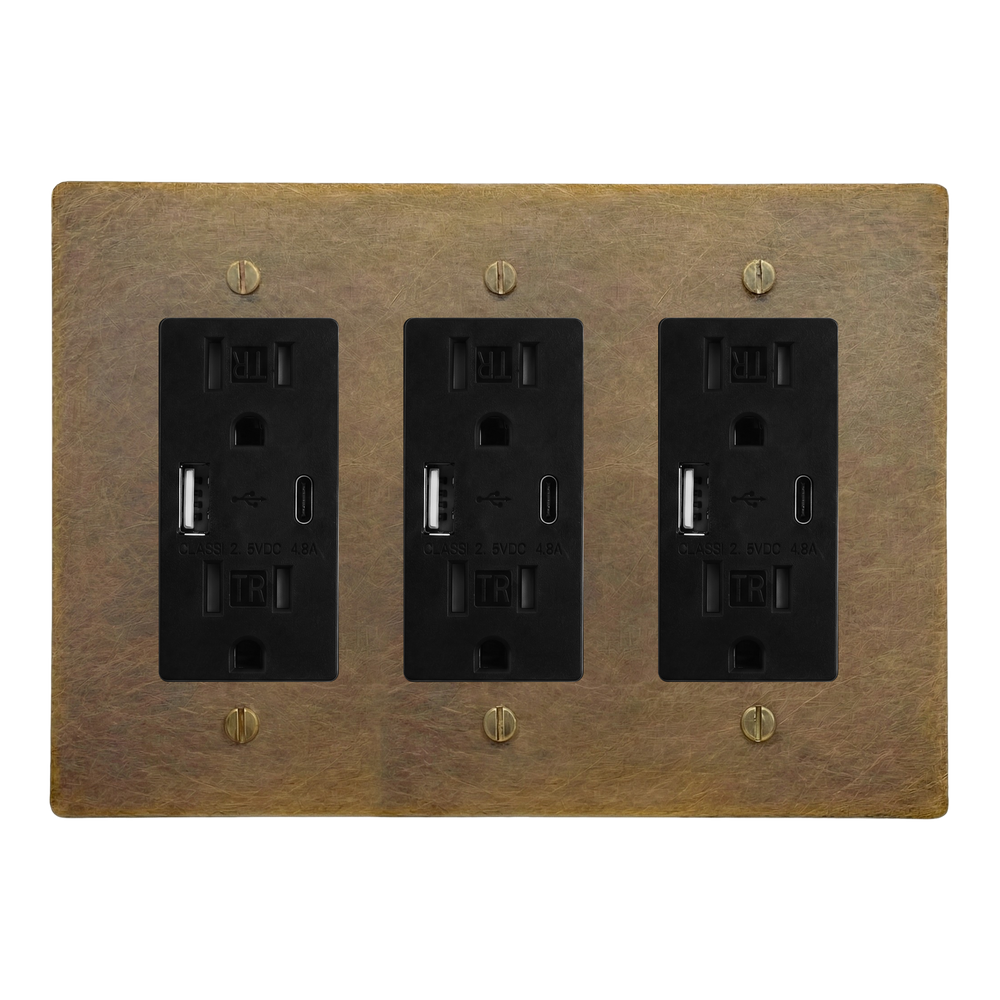 Aged Brass 3-Gang USB Outlet, USB Outlet & USB Outlet Switch Plate in Black
