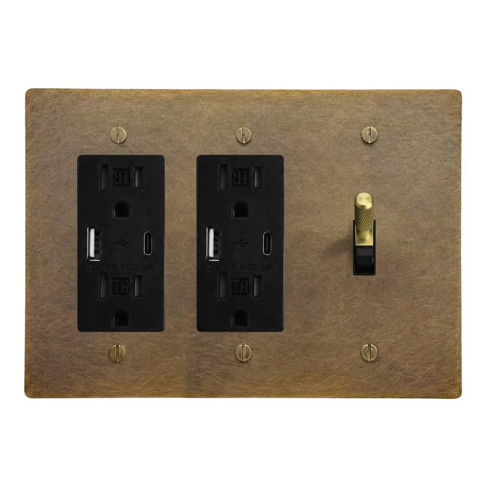 Aged Brass 3-Gang USB Outlet, USB Outlet & Toggle Switch Plate in Black