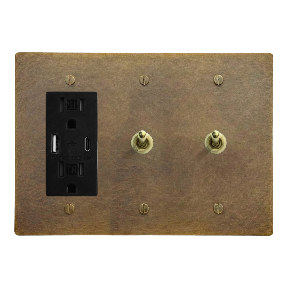 Aged Brass 3-Gang USB Outlet, Vintage Toggle & Vintage Toggle Switch Plate in Black