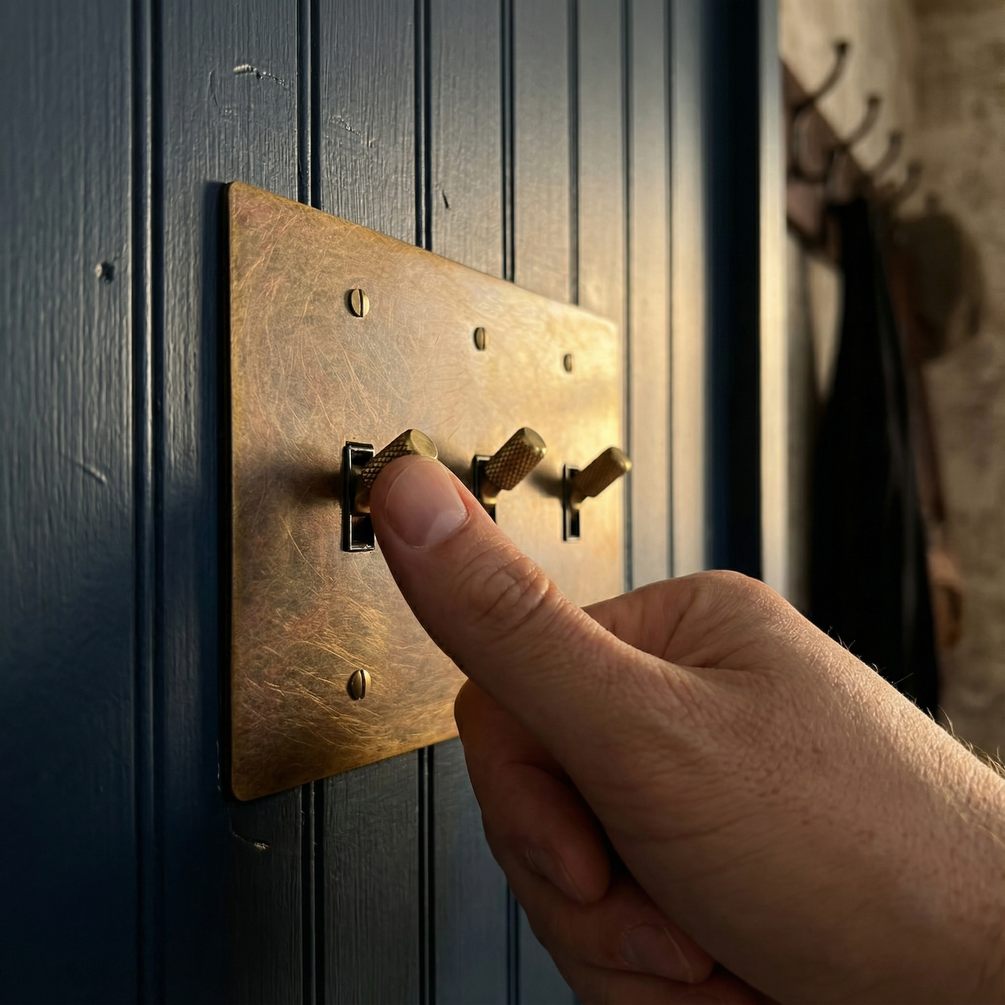 Tactile aged brass 3 gang toggle switch plate on a navy wall, elegant and heirloom quality.