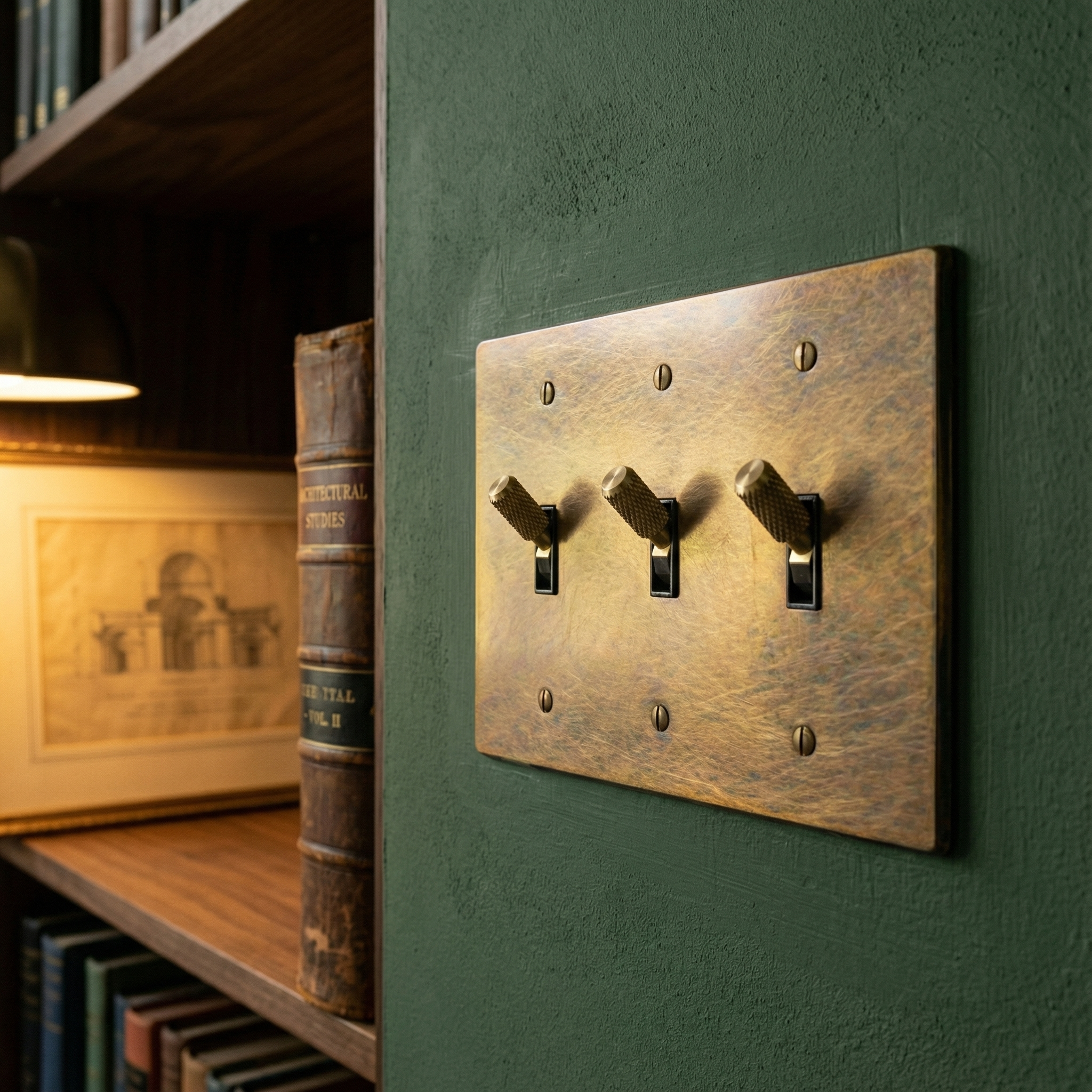 Aged brass 3 gang toggle switch plate on a deep green wall complements a refined library setting.