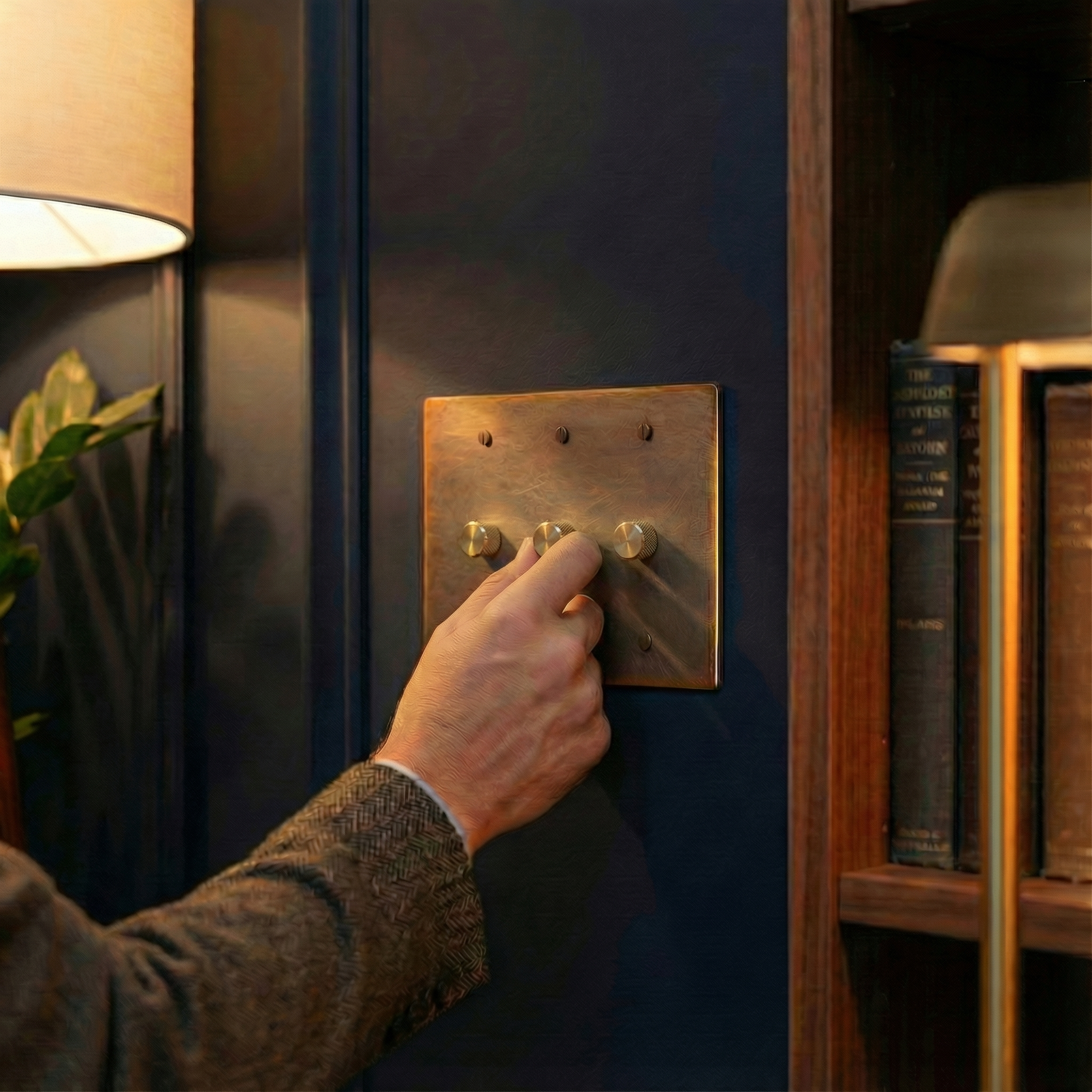 Elegant hand adjusts aged brass 3 gang dimmer switch plate on a deep-toned wall, evoking quiet luxury.