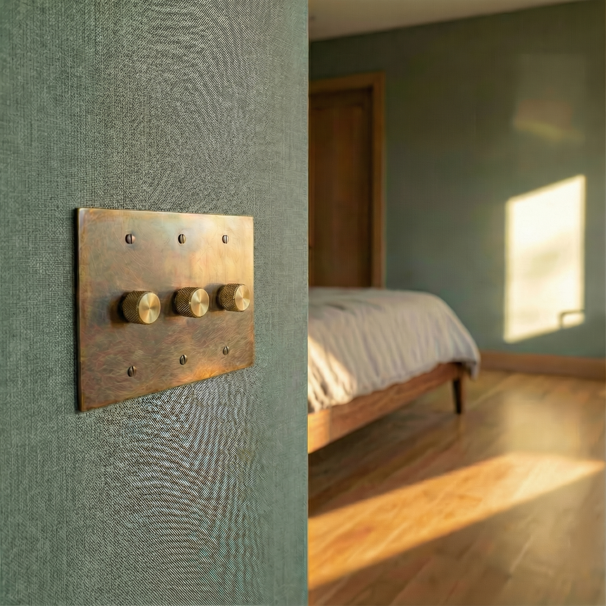 Aged brass 3 gang dimmer switch plate on a textured wall in a sunlit, elegant bedroom.