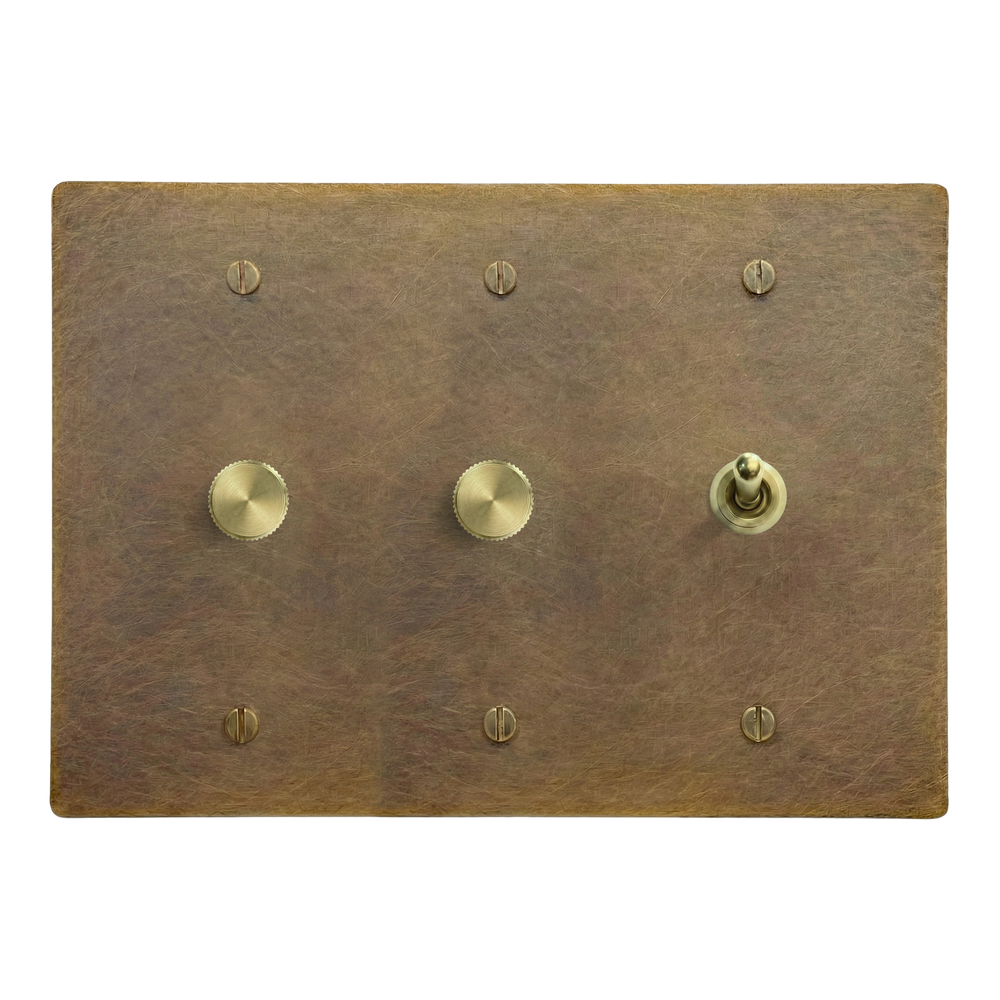 Aged Brass 3-Gang Dimmer, Dimmer & Vintage Toggle Switch Plate
