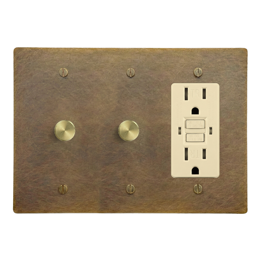 Aged Brass 3-Gang Dimmer, Dimmer & GFCI Outlet Switch Plate in Ivory