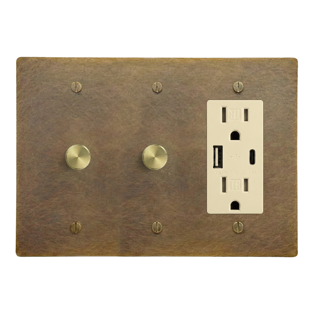 Aged Brass 3-Gang Dimmer, Dimmer & USB Outlet Switch Plate in Ivory