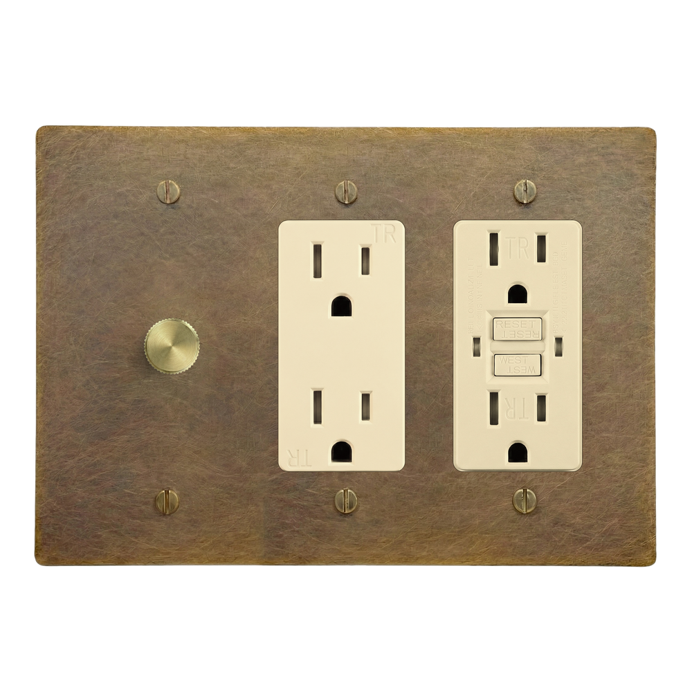 Aged Brass 3-Gang Dimmer, Duplex Outlet & GFCI Outlet Switch Plate in Ivory