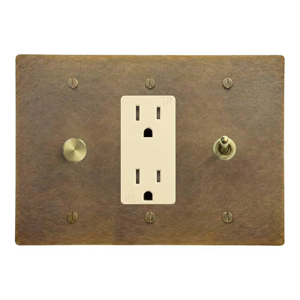 Aged Brass 3-Gang Dimmer, Duplex Outlet & Vintage Toggle Switch Plate in Ivory