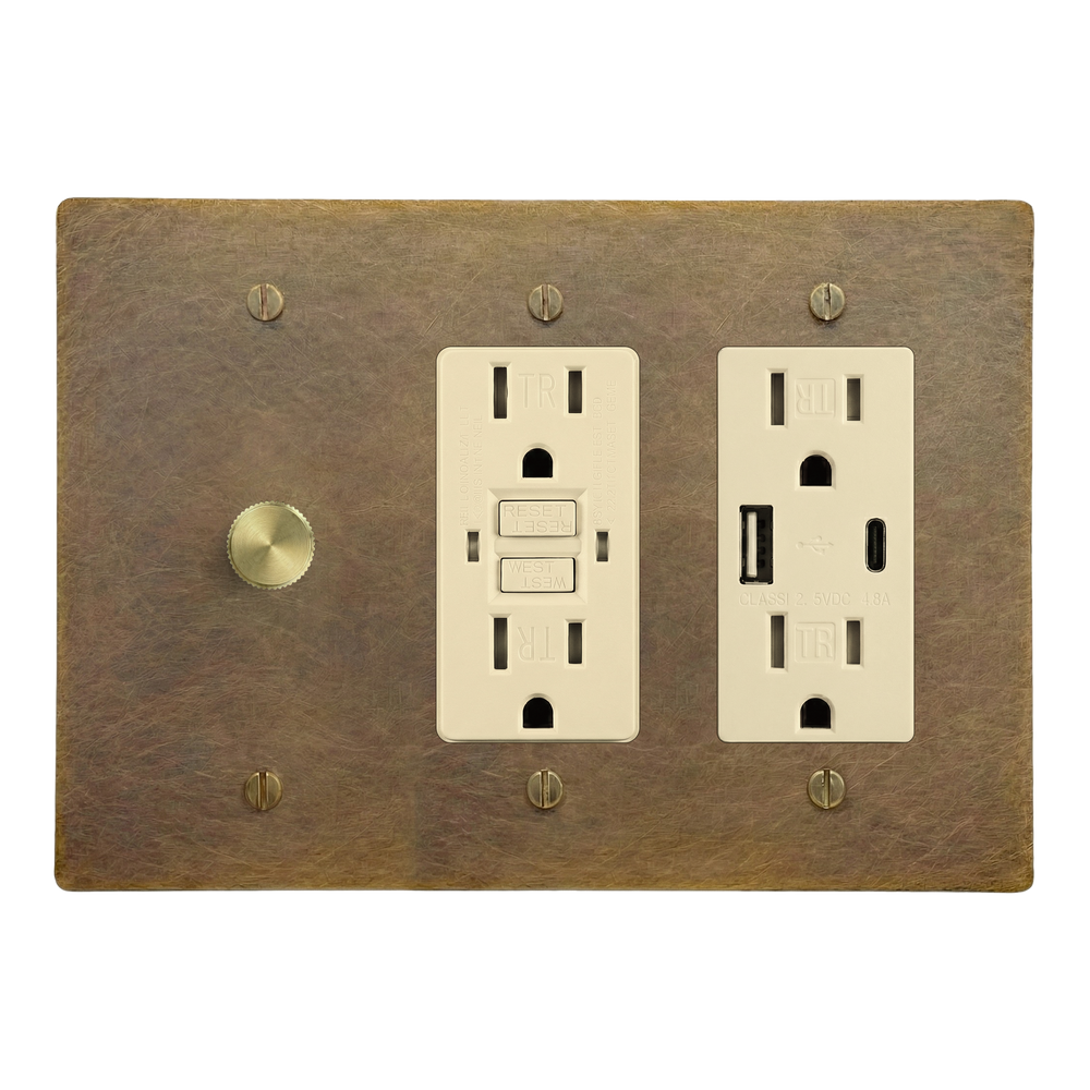Aged Brass 3-Gang Dimmer, GFCI Outlet & USB Outlet Switch Plate in Ivory