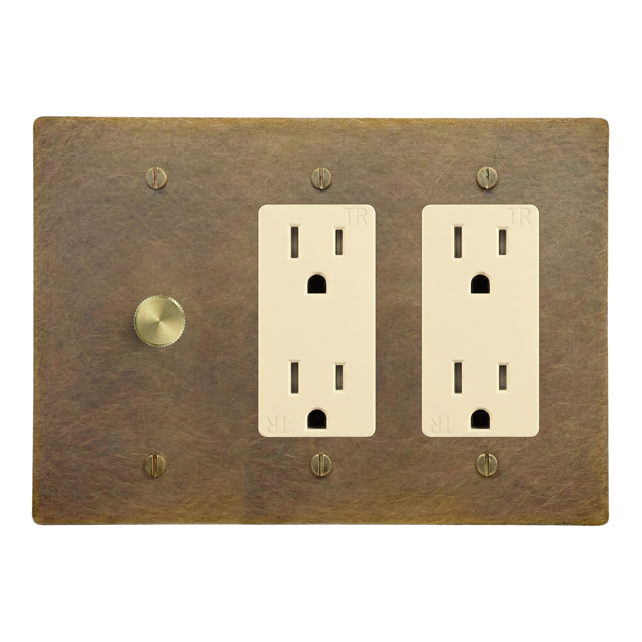 Aged Brass 3-Gang Dimmer, Duplex Outlet & Duplex Outlet Switch Plate in Ivory