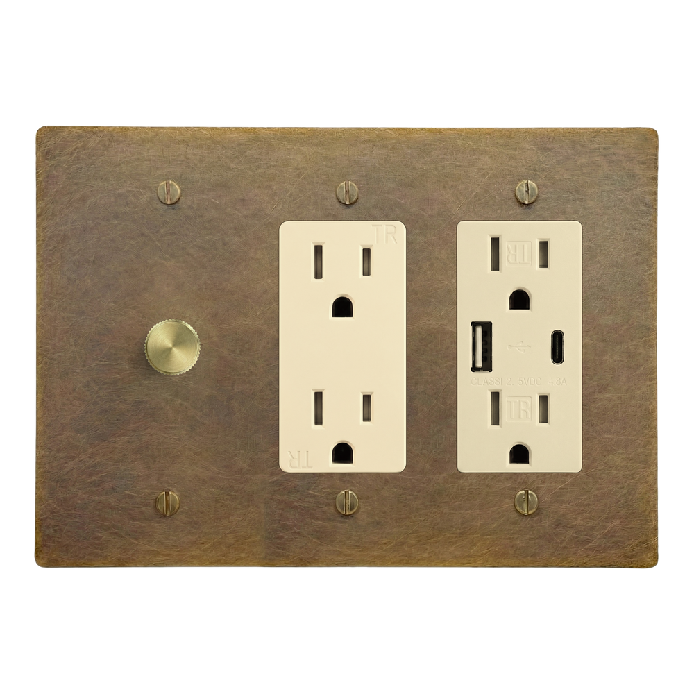Aged Brass 3-Gang Dimmer, Duplex Outlet & USB Outlet Switch Plate in Ivory