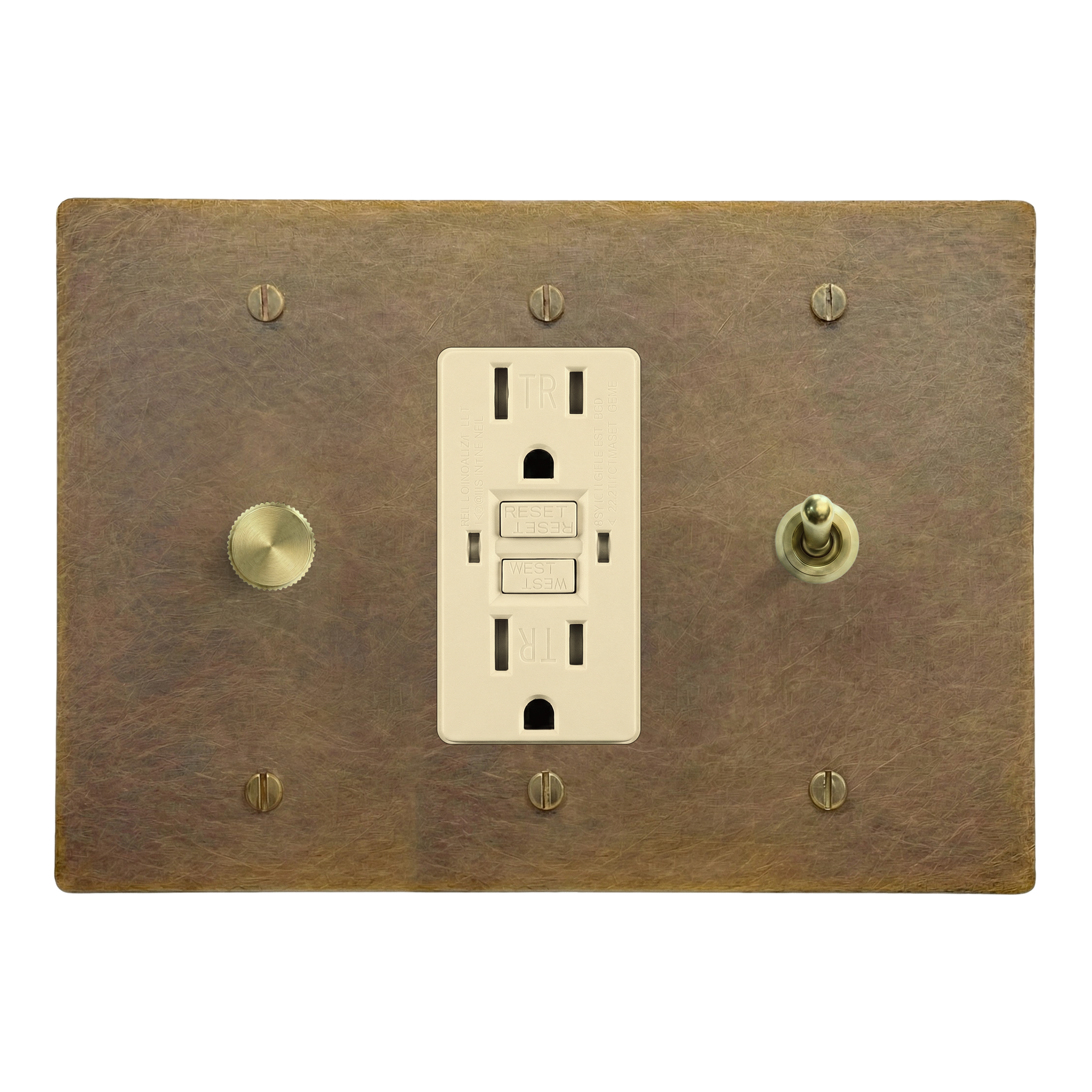 Aged Brass 3-Gang Dimmer, GFCI Outlet & Vintage Toggle Switch Plate in Ivory