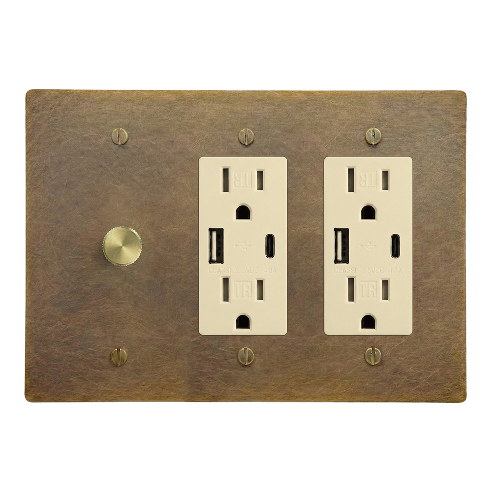 Aged Brass 3-Gang Dimmer, USB Outlet & USB Outlet Switch Plate in Ivory