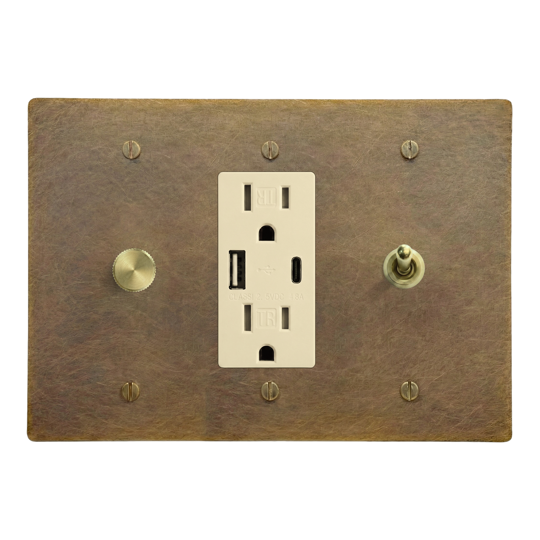 Aged Brass 3-Gang Dimmer, USB Outlet & Vintage Toggle Switch Plate in Ivory