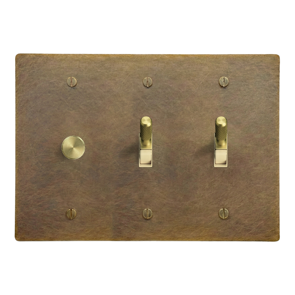 Aged Brass 3-Gang Dimmer, Toggle & Toggle Switch Plate in Ivory